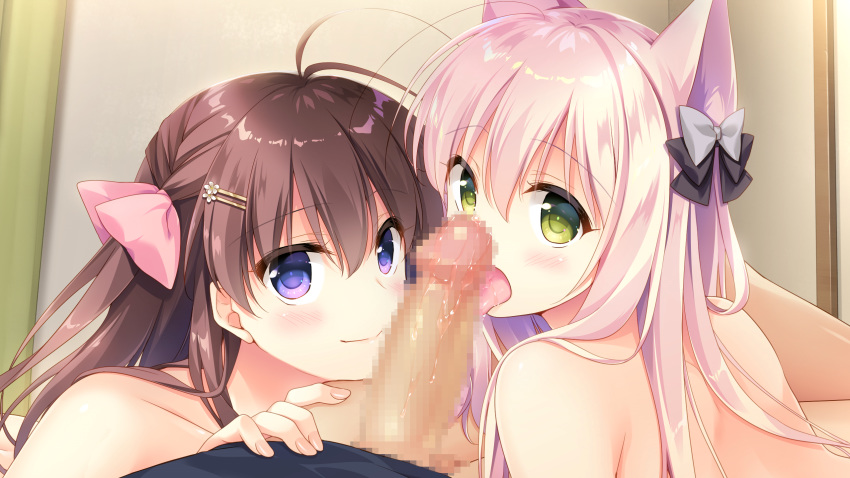 2girls animal_ears blush brown_hair censored close fellatio foxgirl game_cg green_eyes kagaya_kana kemono_musume_no_sodatekata long_hair motomiya_mitsuki penis pink_hair purple_eyes sakuraba_iroha sweet&tea