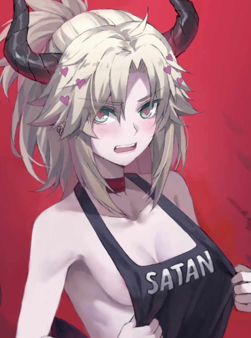 1girls alternate_costume apron areola_slip blush choker demon_horns earrings fate/apocrypha fate_(series) green_eyes heart-shaped_pupils helltaker humanoid mordred_(fate) no_bra ponytail red_background red_choker satan small_breasts solo solo_female tagme thin tonee white_hair white_skin