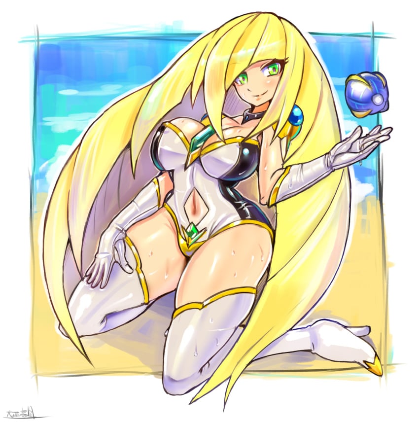 1girls big_breasts blonde_hair blush breasts female green_eyes large_breasts lusamine_(pokemon) mature_female milf mother nintendo oomasa_teikoku pale-skinned_female pale_skin pokemon pokemon_sm thick_thighs thighs voluptuous wide_hips