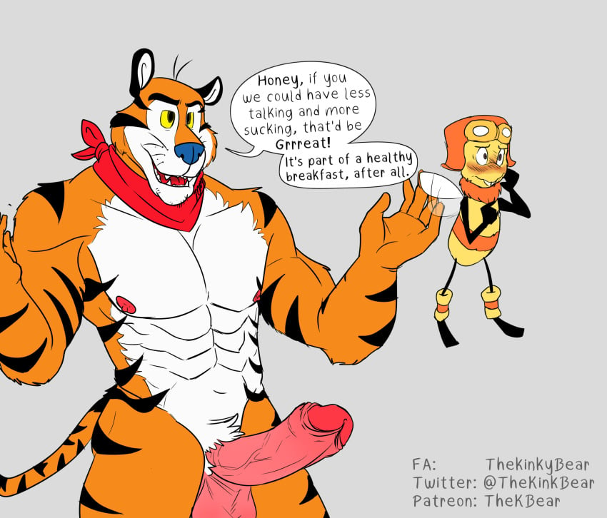 arthropod balls bee blush duo embarrassed english_text felid frosted_flakes genitals hi_res humanoid_genitalia humanoid_penis hymenopteran insects kellogg's loopy male male_only mammal mascot nipples pantherine penis scarf text thekinkybear tiger tony_the_tiger uncut wings yellow_eyes