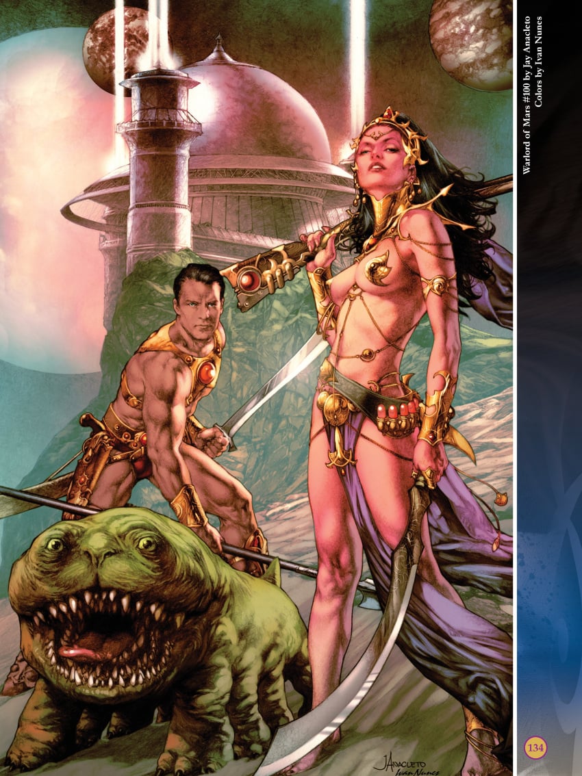 1boy 1boy1girl 1girls a_princess_of_mars alien armlet barsoom belt black_hair bracelet brown_hair canon_couple dejah_thoris fit_female gold_pasties green_eyes gun headdress holding_weapon ivan_nunes jay_anacleto john_carter john_carter_of_mars loincloth long_hair looking_at_viewer martian medium_breasts official_art pasties pink_skin royalty short_hair shoulder_armor sword