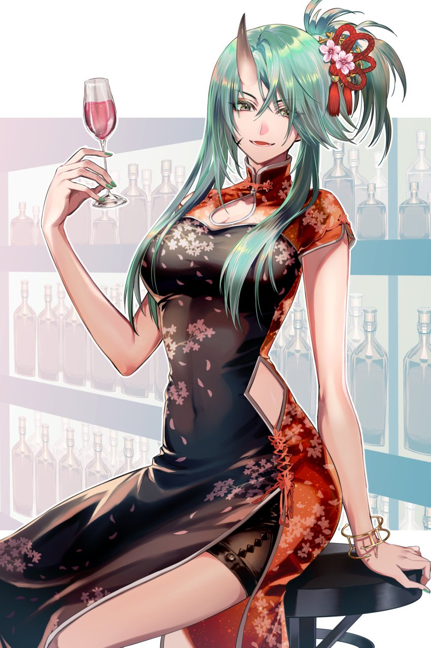 arknights china_dress chinese_clothes cleavage_cutout dress floral_print green_hair green_nail_polish green_nails holding_glass horn hoshiguma_(arknights) long_hair nail_polish navel_line oni ponytail sanbabasanba sitting smile yellow_eyes