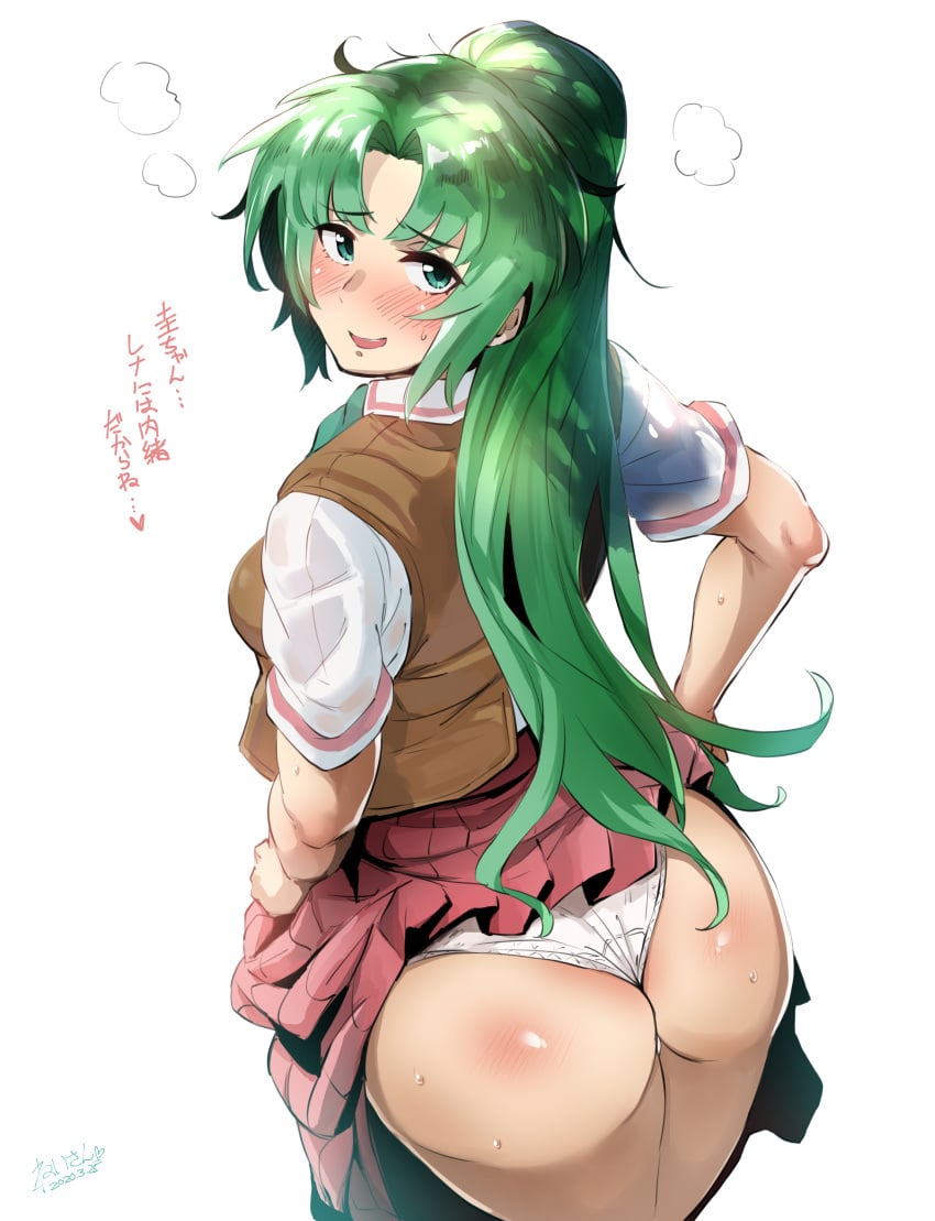 07th_expansion 1girls 2020 absurdres artist_name artist_signature big_butt blush breasts butt clothed clothed_female female female_focus female_only green_eyes green_hair heart hero_neisan high_resolution highres higurashi_no_naku_koro_ni japanese_text looking_at_viewer looking_back mion_sonozaki open_mouth panties ponytail presenting presenting_butt reddened_butt school_uniform signature simple_background skirt smile sweat sweatdrop text tongue underwear uniform white_background white_panties