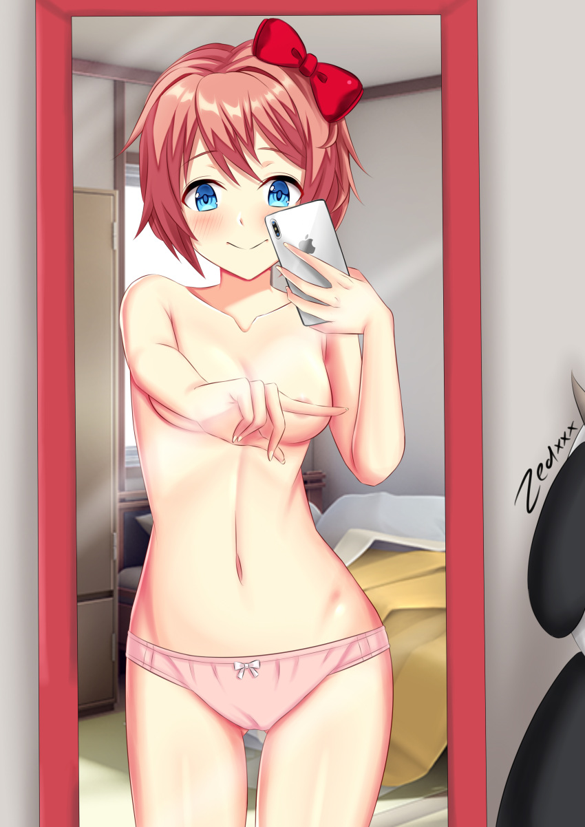 1girls arm_covers_breast blue_eyes bow breasts covered_nipples covering_breasts doki_doki_literature_club eyebrows_visible_through_hair hairbow iphone just_sayori looking_at_viewer mirror mr._cow_(doki_doki_literature_club) panties pink_panties red_bow sayori_(doki_doki_literature_club) selfie smile solo solo_female solo_focus strawberry_blonde_hair thigh_gap thighs white_bow zedxxx