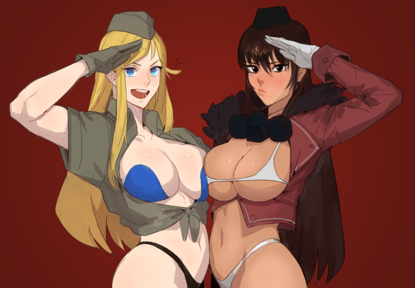 2girls blonde_hair breasts bren_(girls'_frontline) brown_hair cleavage dark-skinned_female duo girls'_frontline hirundo_rustica large_breasts long_hair looking_at_viewer m2hb_(girls'_frontline) open_mouth red_background salute saluting underwear uniform