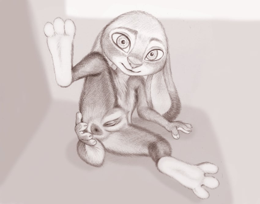 2020 anthro anus ass clitoral_hood clitoris disney featureless_chest female flat_chest flat_chested fuchs fur genitals hi_res judy_hopps lagomorph leporid looking_at_viewer mammal monochrome nude presenting presenting_anus presenting_pussy pussy rabbit solo spread_legs spreading zootopia