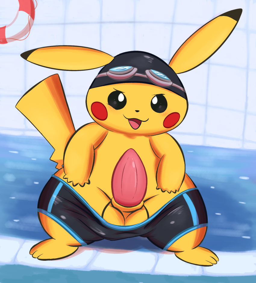 balls big_penis blush clothed clothing feral genitals hi_res male male_only mincheeto nintendo pants_down partially_clothed penis pikachu pokémon_(species) pokemon solo swimming_pool swimwear tapering_penis thick_thighs video_games