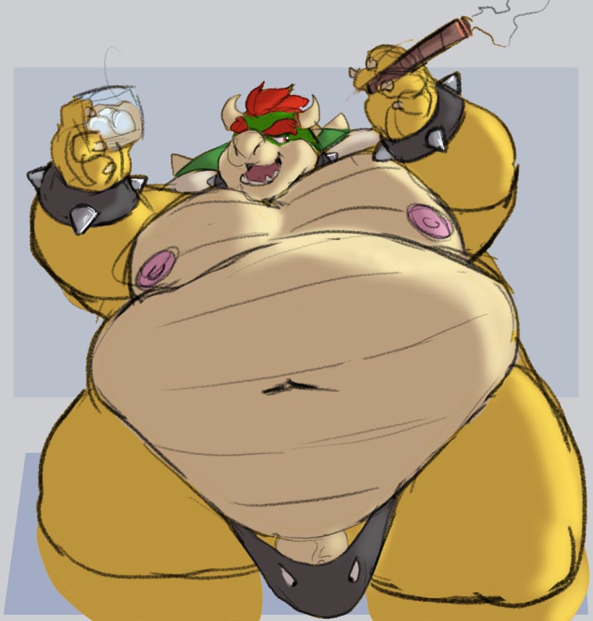 2020 alcohol anthro anthro_only barely_contained belly beverage big_belly bowser bowser_day bulge bullet_bill_underwear captainjusticevirtsuoso cigar clothing colored_sketch genitals glass justicecaptainv koopa male male_only mario_(series) moobs morbidly_obese morbidly_obese_anthro morbidly_obese_male mostly_nude navel nintendo nipples obese obese_anthro obese_male overweight overweight_anthro overweight_male penis scalie smoking solo speedo swimwear thick_thighs underwear video_games