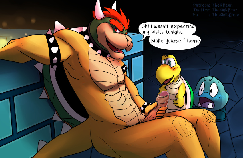 anthro blush bowser bowser_day collar comic dialogue drool_string english_text feral genitals goomba group hi_res horn humanoid_genitalia humanoid_penis implied_oral koopa_troopa looking_at_viewer male male/male mario_(series) nintendo open_mouth penis reptile scalie speech_bubble spiked_collar spikes super_mario_bros. super_mario_bros._(nes) text thekinkybear turtle uncut video_games