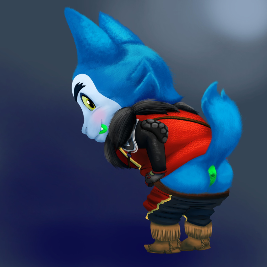 1:1 absurd_res animal_humanoid anthro anus ass big_ears blue_body blue_fur bob-jiggles boots brown_boots canid canid_humanoid canine canine_humanoid clothed clothing dog_humanoid eerie_(telemonster) eyebrows footwear fur green_tongue hi_res humanoid looking_at_viewer looking_back male male/male male_only mammal mammal_humanoid mooning presenting presenting_hindquarters red_clothing red_shirt red_topwear shaded shirt small_nose smile solo telemonster thick_eyebrows tongue tongue_out topwear