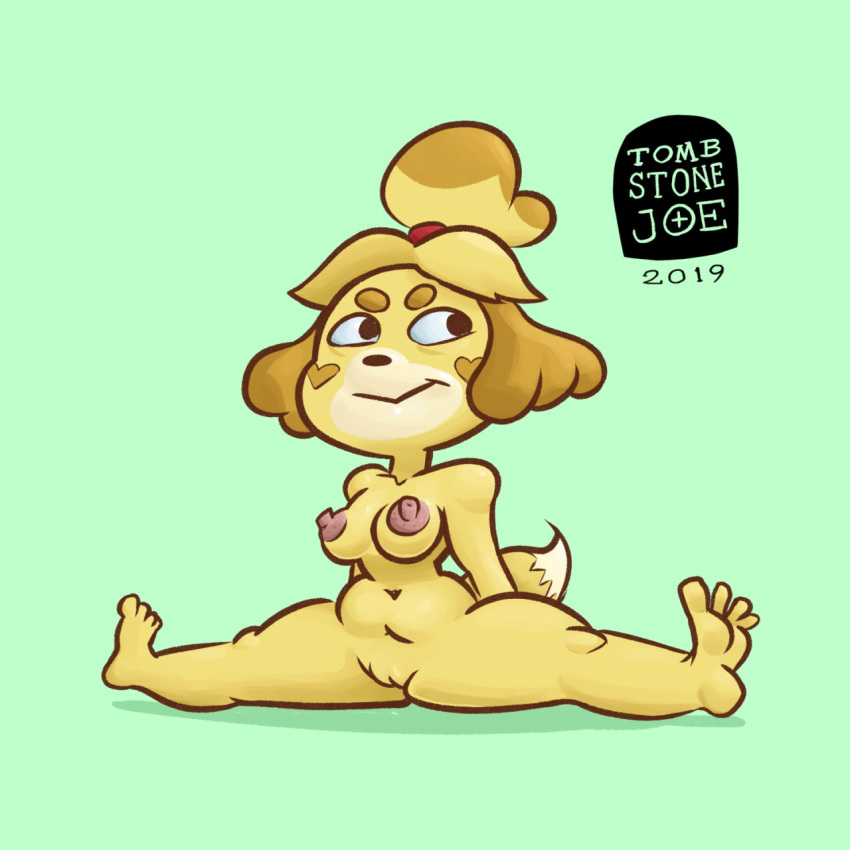 <3_marking 1:1 1girls 2019 4_toes animal_crossing anthro big_breasts blonde_hair breasts canid canine canis domestic_dog erect_nipples female flexible fur genitals green_background hair hi_res humanoid_pussy isabelle_(animal_crossing) mammal nintendo nipples nude pussy shih_tzu signature simple_background sitting smile solo splits spread_legs spreading thick_thighs tombstonejoe toy_dog video_games wide_hips yellow_body yellow_fur