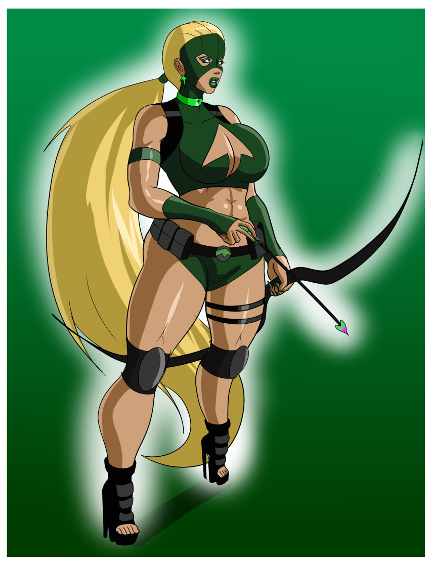 1girls annon archery arrow artemis_(dc) artemis_crock big_breasts bimbo blonde_hair bow bow_and_arrow breasts cleavage cleavage_cutout dc dc_comics earrings eyeshadow female high_heels lipstick long_fingernails long_hair looking_at_viewer makeup mascara masked muscular muscular_female nail_polish solo thick_thighs very_long_hair young_justice