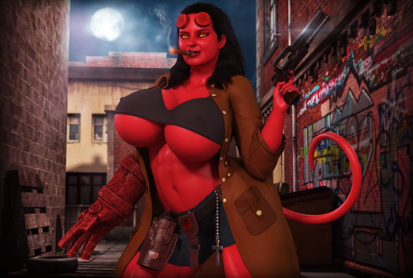 1girls 3d abs black_hair cigar dark_horse demon demon_girl female female_only genderswap hellboy hellboy_(series) hellgirl large_breasts muscular_female rasmus-the-owl realistic red_skin rule_63 smoking solo street tail thick_thighs wide_hips yellow_eyes