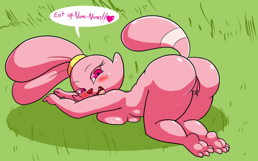 16:10 absurd_res ailurid anthro ass azureinthedark bent_over big_breasts big_butt blush bodily_fluids breast_squish breasts cartoon_network chowder_(series) dialogue english_text felid female fur genital_fluids genitals grass heart hi_res kneeling lagomorph leporid looking_at_viewer mammal nude open_mouth panini panini_(chowder) pink_body pink_eyes pink_fur presenting presenting_hindquarters pussy pussy_juice pussy_juice_drip rabbit red_panda smile solo squish teeth text thick_thighs wide_hips widescreen