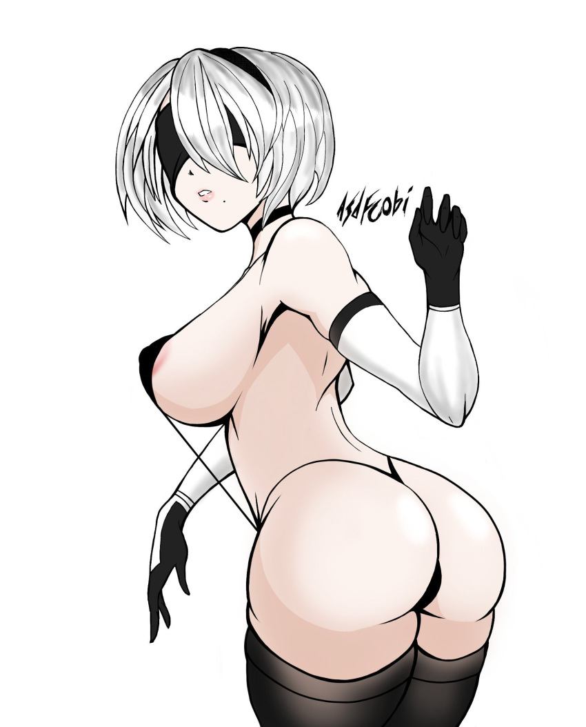 1girls areola_slip areolae asdfcobi ass beauty_mark big_ass black_bikini black_legwear black_thong blindfold breasts choker clothed cowboy_shot curvy dat_ass detached_sleeves female female_only gloves hairband huge_breasts legwear mole mole_under_mouth nier:_automata nipple_bulge parted_lips short_hair sideboob signature simple_background skimpy sling_bikini solo thick_thighs thighhighs thong white_background white_hair yorha_2b