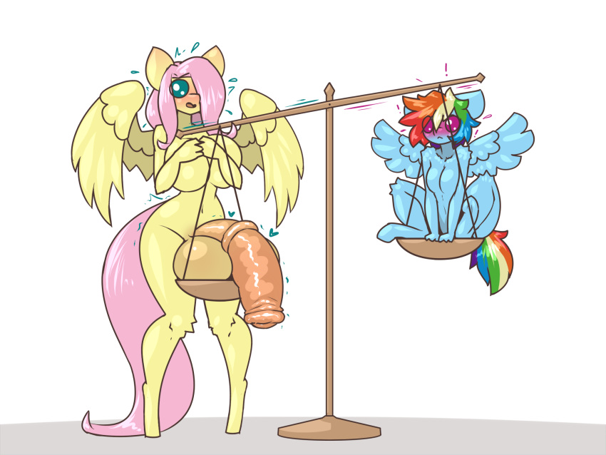 4:3 animal_genitalia animal_penis anthro anthrofied balls big_balls big_breasts big_penis breast_size_difference breasts duo equid equine equine_penis fat_cock female flaccid fluttershy_(mlp) friendship_is_magic furry futanari genitals gynomorph hair_on_head hasbro heart hi_res huge_balls huge_cock intersex limebreaker mammal my_little_pony nude pegasus penis rainbow_dash_(mlp) scale simple_background weighing_balls weighing_scale wings