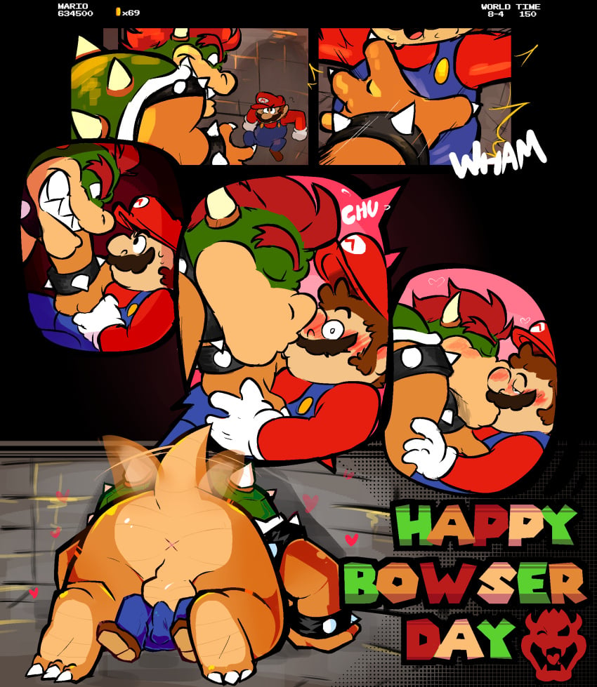 2boys 69_(number) absurd_res anthro anus balls blush bowser bowser_day bulge clothed clothing comic duo english_text erection gay genitals hair heart hi_res human kissing koopa male male/male male_only mammal mario mario_(series) multiple_boys nintendo scalie size_difference super_mario_bros. super_mario_bros._(nes) surprise_kiss tail tailwag testicles text torquewintress video_games x_anus