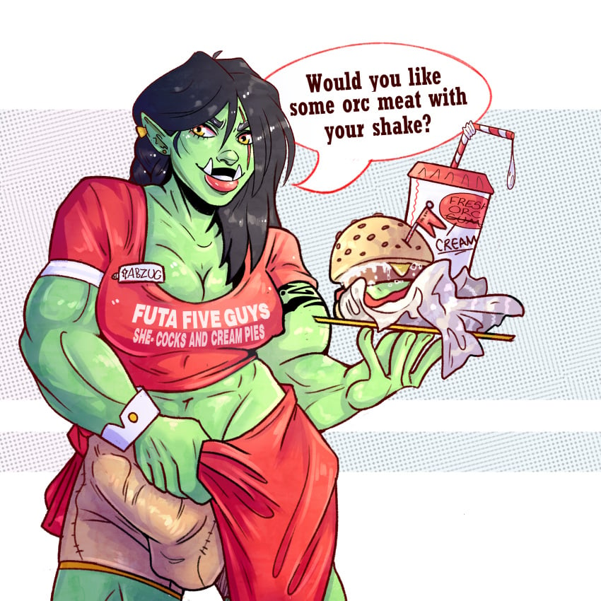 1futa ? abs abzug_goreblade bangs biceps big_lips black_hair boxers breasts bulge character_name cleavage collarbone crop_top cum_in_drink cum_on_food cum_shake dialogue english_text eye_scar five_guys food futa_only futanari green_skin hair_between_eyes hamburger holding_object holding_tray humanoid large_breasts lipstick long_hair midriff muscles muscular_futanari name_tag navel orc orc_futanari orcess pointy_ears rebecca_emslie_art red_lipstick red_skirt scar skirt skirt_lift smile smirk solo speech_bubble standing tattoo text tusks underwear warcraft world_of_warcraft yellow_eyes