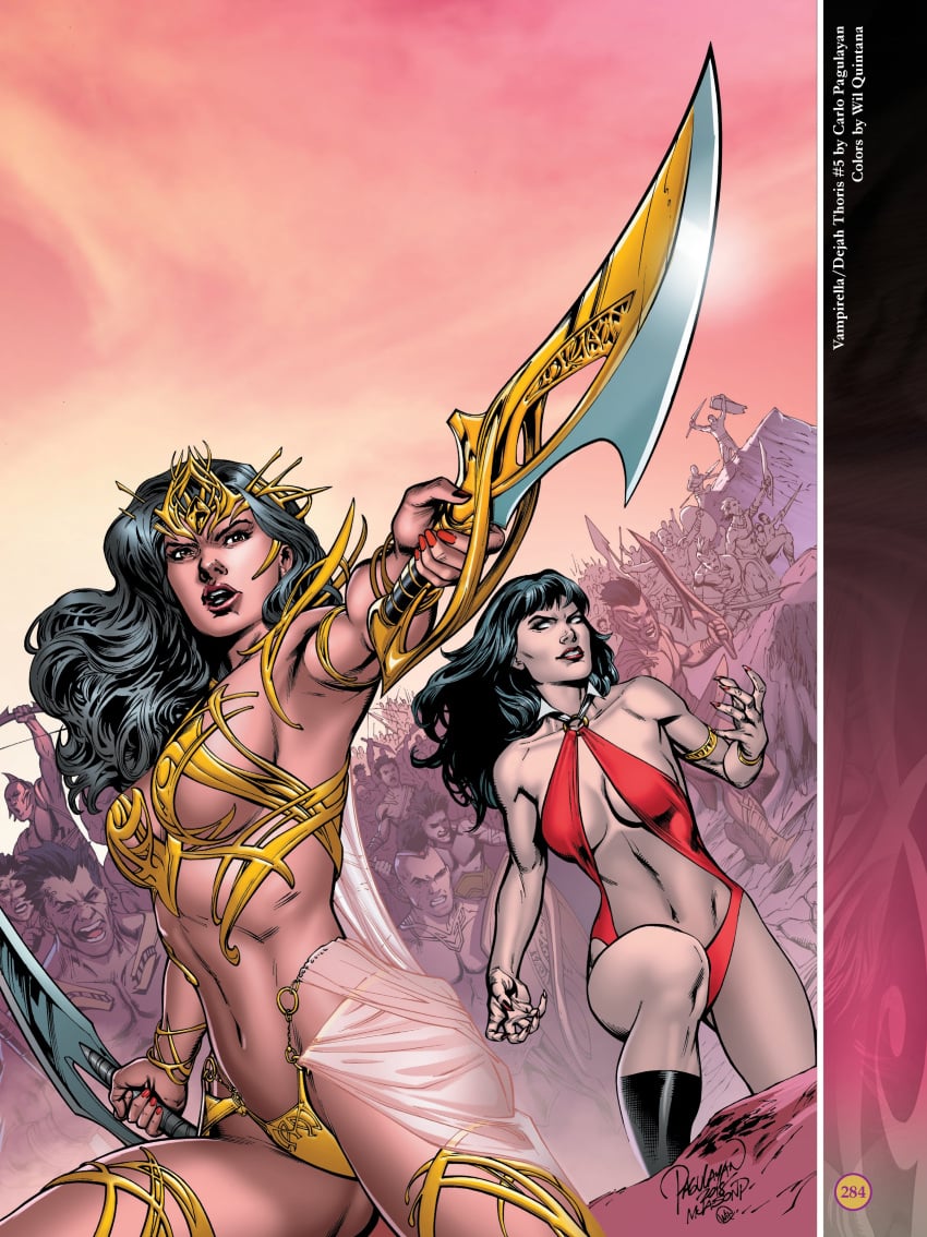 2girls a_princess_of_mars barsoom black_hair brown_eyes carlo_pagulayan crossover dejah_thoris dual_wielding gold_clothes holding_weapon john_carter_of_mars large_breasts loincloth long_hair martian michael_jason_paz official_art pink_skin revealing_clothes royalty silver_eyes sword tiara unconvincing_armor vampire vampirella voluptuous wil_quintana