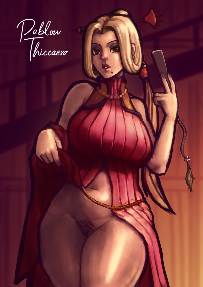 1girls blade_&_soul blonde_hair curvy dress_lift lady_yehara large_breasts pablowthiccasso presenting_pussy pubes red_dress standing teasing