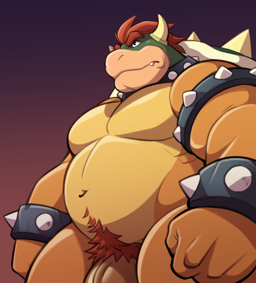 analon_(artist) anthro belly body_hair bowser genitals hair happy_trail hi_res koopa male male_only mario_(series) musclegut muscular muscular_anthro muscular_male navel nintendo nude overweight penis pubes red_background red_hair red_pubes scalie simple_background solo toomanyboners video_games