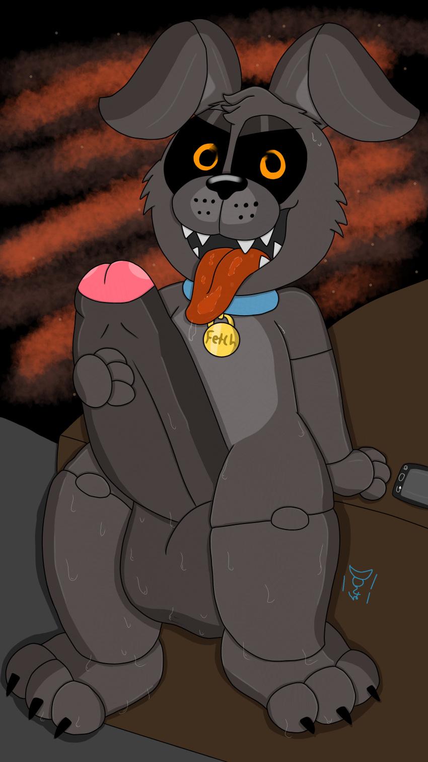 anthro big_balls big_penis canine claws drooling fetch_(fnaf) five_nights_at_freddy's five_nights_at_freddy's:_fazbear_frights furry grabbing_penis grey_skin male_only orange_eyes plushtrapboyuwu saliva sharp_teeth sitting solo sweat sweaty sweaty_balls sweaty_feet tongue tongue_out