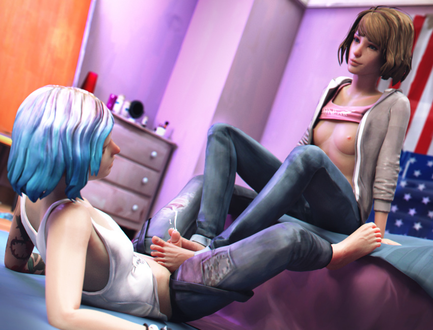 1futa 1girls 3d areolae barefoot breasts chloe_price cum cumshot dawadd dickgirl erection feet female female_on_futa foot_fetish foot_focus footjob fully_clothed futanari life_is_strange max_caulfield nipples penis toes