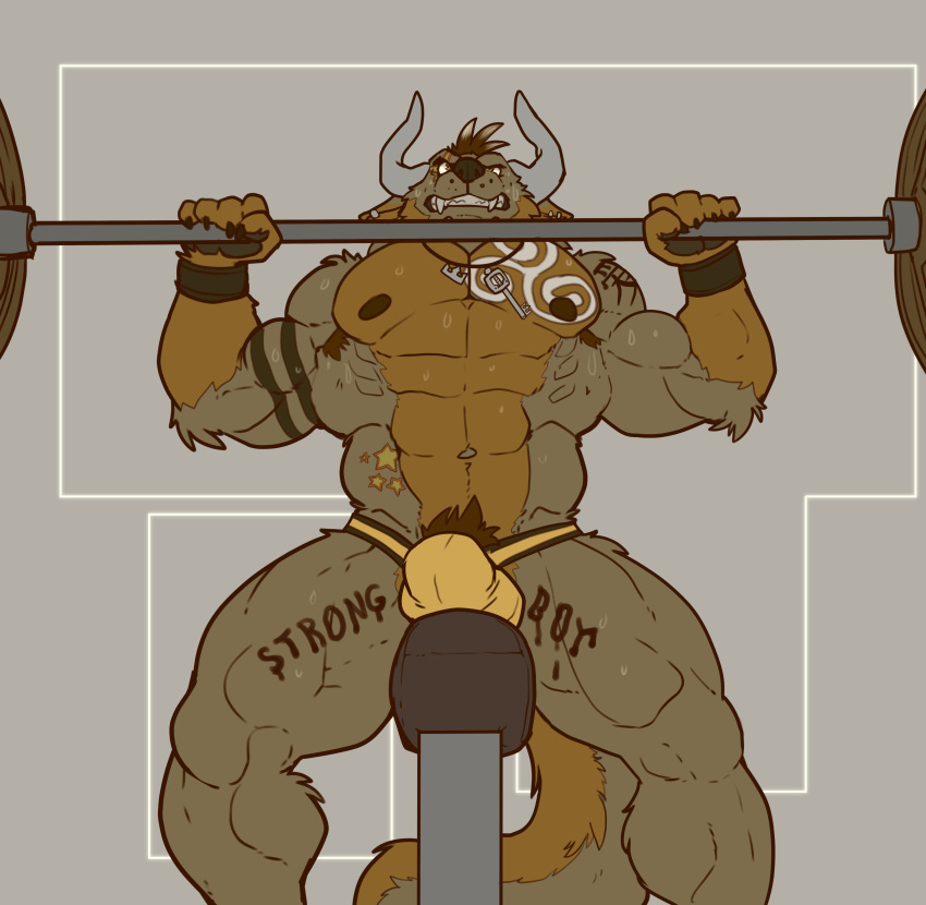 2017 abs abstract_background absurd_res anthro armpit_hair barazoku barbell bench_press biceps big_muscles bodily_fluids body_hair body_writing bulge canid canine canis clenched_teeth clothing ear_piercing exercise hi_res horn incline_press jewelry jockstrap key key_necklace low-angle_view male male_only mammal muscular muscular_anthro muscular_male navel necklace nightterror nipples obliques open_mouth pecs piercing pubes quads simple_background solo sweat tattoo teeth underwear weightlifting weights wolf workout