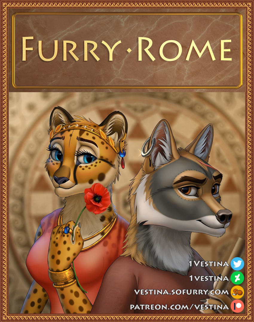 ancient ancient_rome anthro bracelet canid canine canis cheetah clothed clothing coyote crown dress duo ear_piercing ear_ring eye_contact felid feline female flower fur furry_rome hi_res inner_ear_fluff jewelry julia_(vestina) looking_at_another male mammal necklace piercing plant poppy_(flower) ring roman roman_empire rome servius_(vestina) smile straight text tiara tuft tunic url vestina yellow_body yellow_fur