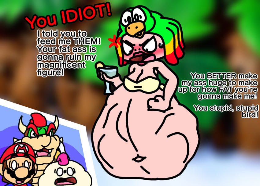 angry_pred bigger_prey bowser dialogue dodo_(mario) mallow_(mario) mario mario_(series) queen_valentina soft_vore super_mario_rpg surprised tight_belly unwilling_pred vore vore_belly willing_prey