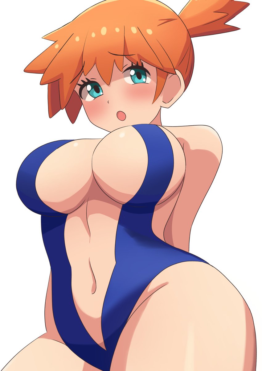 asymmetrical_hair bare_shoulders blue_eyes blue_one-piece_swimsuit blush breasts cleavage closed_mouth creatures_(company) curvy female female_focus game_freak gen_1_pokemon green_eyes gym_leader highres huge_breasts kasumi_(pokemon) large_breasts legs looking_at_viewer navel neng_(user_fyxc8875) nintendo one-piece_swimsuit orange_hair pokemon pokemon_(anime) pokemon_(classic_anime) pokemon_rgby ponytail shiny_skin short_hair side_ponytail solo standing swimsuit thick_thighs thighs wide_hips