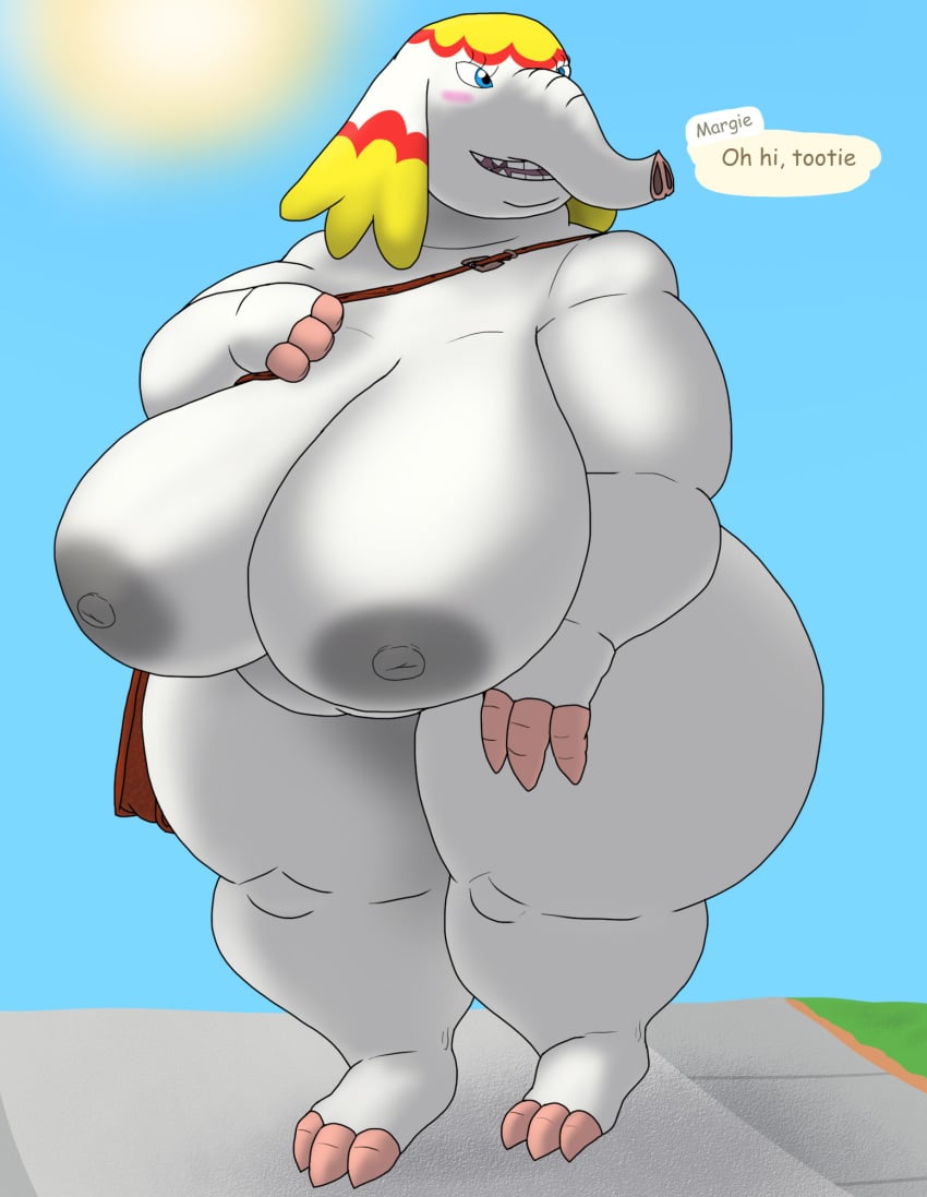 alythewolfcat animal_crossing anthro areola bag_around_shoulder belly big_areola big_belly big_breasts breasts elephant elephantid english_text female hi_res huge_breasts huge_hips mammal margie_(animal_crossing) nintendo nude overweight overweight_female proboscidean solo text wide_hips