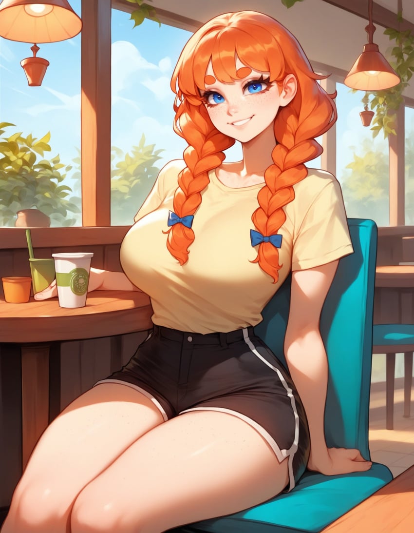 1girls ai_generated big_ass big_breasts blue_eyes braid braided_hair curvy curvy_figure cute cute_face freckles light-skinned_female light_skin melony_(xandr) red_hair schoolgirl shirt thick thick_ass thick_legs thick_thighs twin_braids xandr young younger_female