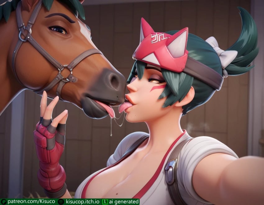 1boy ai_generated asian_female bestiality_kiss blush_lines collar couple_focus couple_love earrings equine female_kissing_feral feral green_hair horse kimono_down kiriko_(overwatch) kissing kissing_horse kisuco lace_bra lingerie looking_at_partner looking_pleasured ninja_girl overwatch overwatch_2 pale-skinned_female saliva_string selfie_pose sweatdrop sweaty_body zoophilia