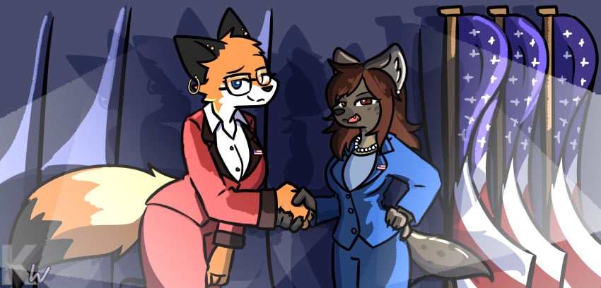 2024 2girls absurd_res american_flag anthro canid canine clothing democrat dipstick_tail duo ear_piercing ear_ring eyewear female female/female fluffy fluffy_tail fox gem gesture glasses government hand_on_hip handshake hi_res hyena jewelry judy_reinard kamala_harris kamala_harris_(hyena) kangwolf lapel_pin looking_at_viewer mammal markings mature_anthro mature_female necklace pearl_(gem) pearl_necklace piercing political_cartoon politics real red_fox ring_piercing spotted_hyena suit tail tail_markings true_fox united_states_of_america wearing_glasses