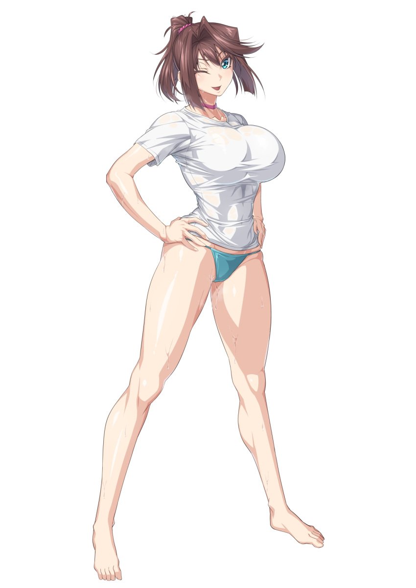 aqua_panties bare_legs barefoot blue_eyes breasts brown_hair choker cleavage covered_navel female full_body hand_on_own_hip highres large_breasts looking_at_viewer mazaki_anzu medium_hair one_eye_closed open_mouth ozaneko panties pink_choker ponytail shirt short_sleeves simple_background smile solo sweat underwear wet white_background white_shirt yu-gi-oh! yu-gi-oh!_duel_monsters yu-gi-oh!_the_dark_side_of_dimensions