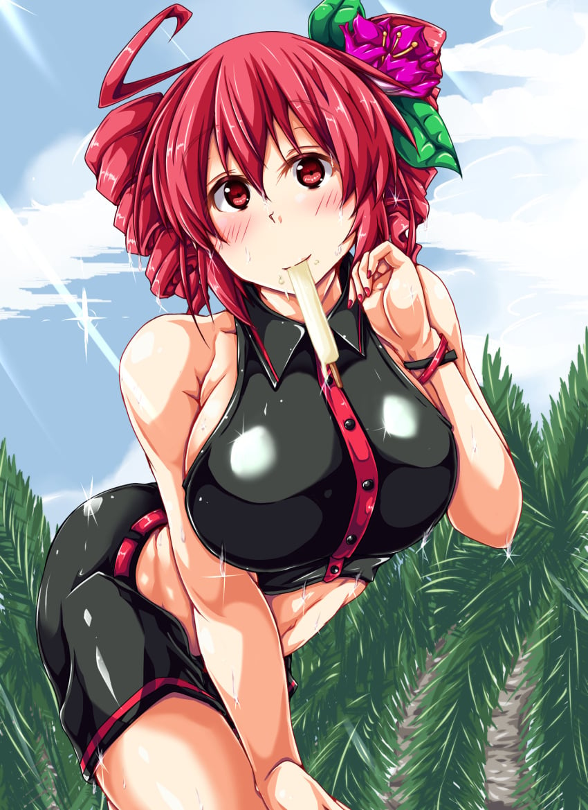 1female big_breasts drill_hair kasane_teto purple_rose red_cheeks red_eyes red_hair sucking utau