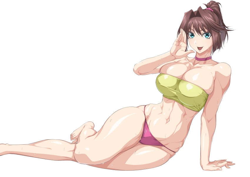 bare_legs bare_shoulders barefoot blue_eyes breasts brown_hair choker female hand_up highres large_breasts linea_alba mazaki_anzu medium_hair navel open_mouth ozaneko panties ponytail purple_choker purple_panties simple_background skindentation smile solo strapless sweat tube_top underwear white_background yu-gi-oh! yu-gi-oh!_duel_monsters yu-gi-oh!_the_dark_side_of_dimensions