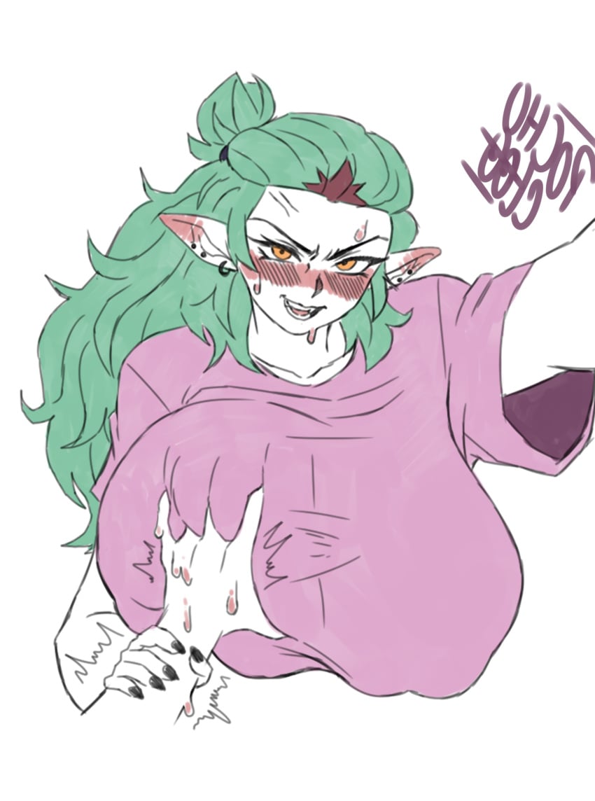 1girls alternate_breast_size amity_blight amity_blight_(beta) big_boobs big_breasts blush breast_grab dress forced_breast_grab green_hair huge_boobs huge_breasts huge_tits huge_tits_teen pochoclogigi the_owl_house thick thick_female