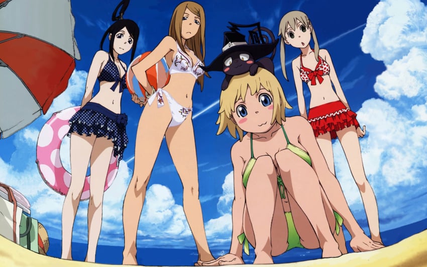 16:10_aspect_ratio 3boys 5girls :3 :o animal animal_on_head arms_behind_back back bangs beach beach_umbrella bikini bikini_skirt black_cat black_hair black_star blair_(soul_eater) blonde_hair blue_bikini blue_eyes blue_swimsuit blush_stickers bow bow_bikini bow_swimsuit bracelet breasts brown_hair character_name chestnut_mouth cleavage clothing cloud condensation_trail dark_skin day death_the_kid elizabeth_thompson eruka_frog feline female front-tie_bikini front-tie_top frown green_bikini green_eyes green_swimsuit grey_hair hand_in_pocket hat hat_removed headwear headwear_removed high_ponytail high_resolution holding innertube itou_yoshiyuki jewelry knees_on_chest layered_skirt legs long_hair looking_at_viewer magazine_(source) magazine_scan maka_albarn male male_swimwear mizune_(soul_eater) multicolored_hair multiple_boys multiple_girls nakatsukasa_tsubaki navel ocean official_art on_head open_mouth outdoors page_number patricia_thompson polka_dot polka_dot_bikini polka_dot_swimsuit ponytail print_bikini print_swimsuit red_bikini red_swimsuit sand scan shirt shirtless short_hair short_sleeves siblings side-tie_bikini sideboob sidelocks sister sisters sky small_breasts soul_eater soul_eater_evans squatting standing straw_hat streaked_hair summer swept_bangs swimming_trunks swimsuit talking tanned text tied_hair twintails two-tone_hair umbrella very_high_resolution wallpaper white_bikini white_hair white_swimsuit witch_hat yellow_eyes