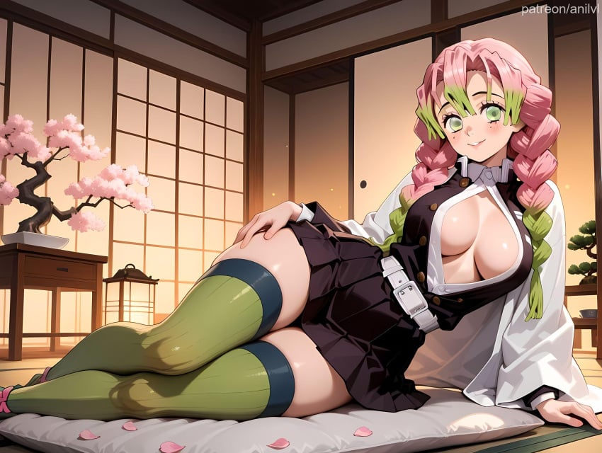 1girls ai_generated anilvl architecture arm_support bangs belt black_skirt blush braid breasts cherry_blossoms cleavage cushion demon_slayer demon_slayer_uniform east_asian_architecture gradient_hair green_eyes green_hair green_thighhighs hair_between_eyes hand_on_hip hand_on_own_hip haori indoors japanese_clothes kanroji_mitsuri kimetsu_no_yaiba lantern large_breasts leaning_to_the_side long_hair long_sleeves looking_at_viewer lying miniskirt mole mole_under_each_eye mole_under_eye multicolored_hair multiple_moles no_bra on_side open_clothes open_shirt parted_lips partially_unbuttoned petals pink_hair pleated_skirt ribbed_legwear ribbed_thighhighs shirt shouji skirt sliding_doors smile solo table tatami thick_thighs thighhighs thighs tri_braids twin_braids two-tone_hair uniform white_belt white_shirt zettai_ryouiki