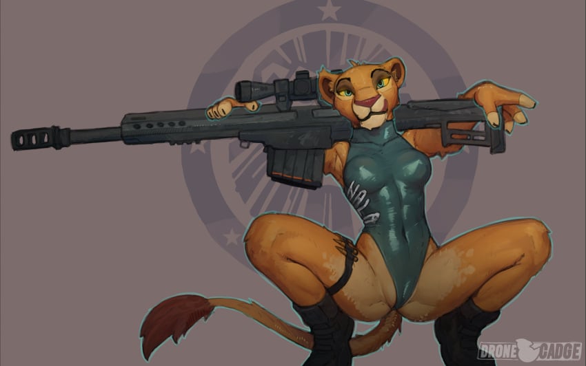 anthro boots bullet clothing crouching felid female footwear gun hi_res holding_object holding_weapon leotard licking lion looking_at_viewer mammal nala pantherine posing_with_weapon ranged_weapon shoes solo solo_focus tail text tongue weapon yellow_body