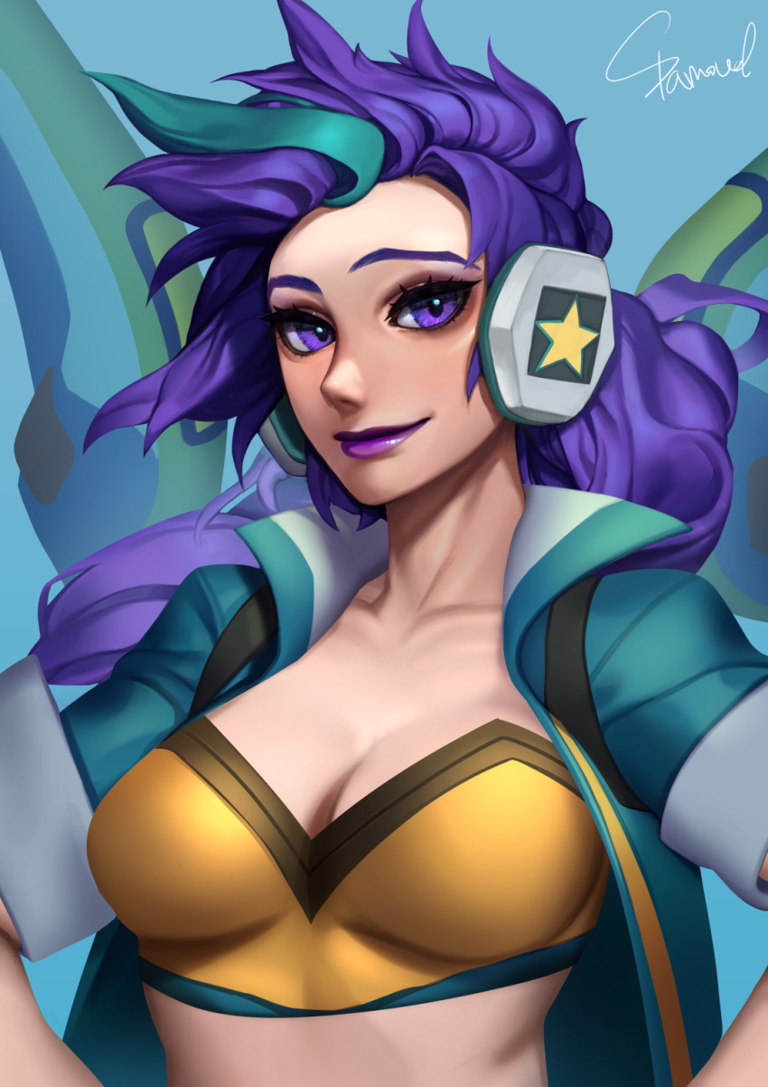 1girls arcade_kai'sa arcade_series breasts cleavage kai'sa league_of_legends open_shirt purple_eyes purple_hair purple_lipstick solo solo_female sparrowl tagme