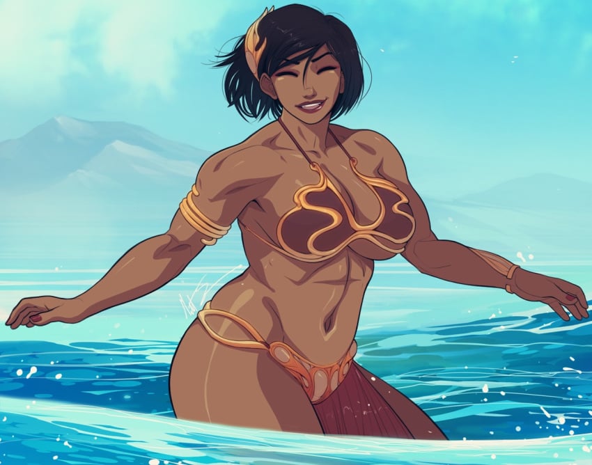 1girls breasts brown_skin korra ocean short_hair slave_bikini slave_leia_(cosplay) smile star_wars swimming swimsuit the_legend_of_korra water_tribe