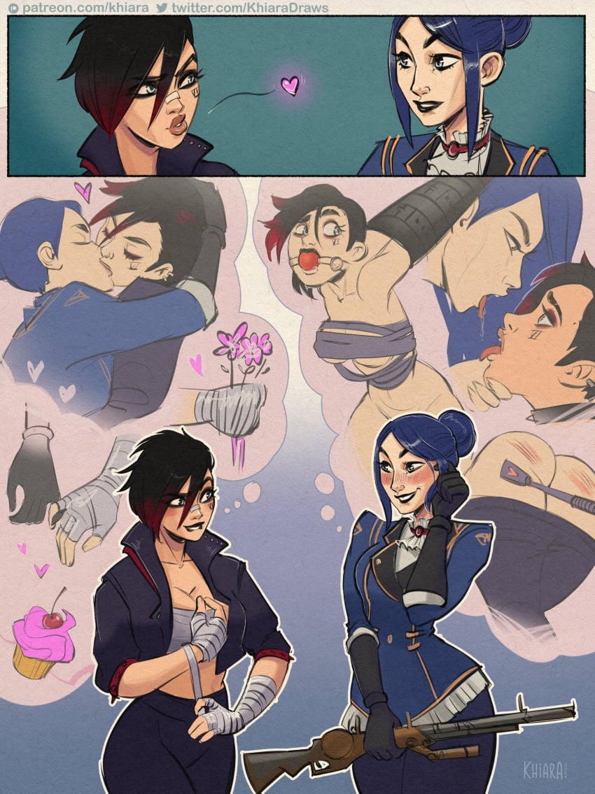 2girls arcane_caitlyn arcane_vi ass ball_gag blindfold bondage cupcake daydream dominant_female domination female food khiaradraws league_of_legends restrained riot_games spanking thought_bubble yuri