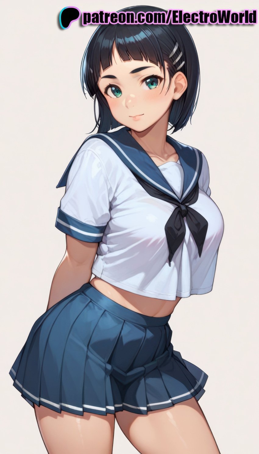 1girls ai_generated black_hair bob_cut curvaceous curvy curvy_body curvy_female electroworld female female female_focus female_only highres inviting_to_sex kirigaya_suguha school_uniform seductive seductive_look seductive_pose shiny_skin solo solo_female sword_art_online uncensored voluptuous voluptuous_female