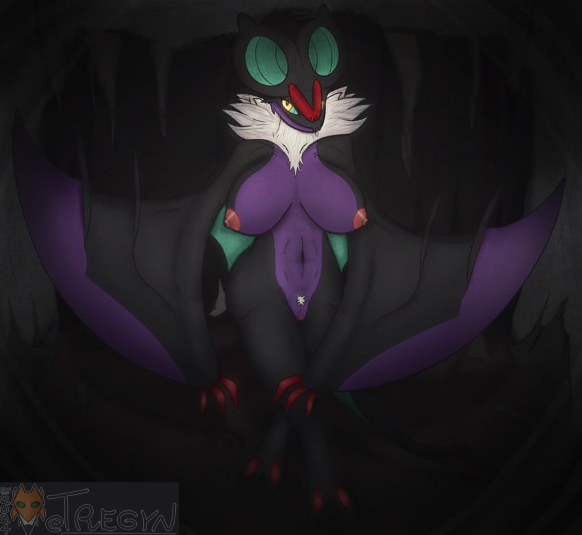 2024 anthro anthrofied areola artist_logo artist_name big_breasts breasts cave chest_tuft claws curvy_female curvy_figure digital_media_(artwork) female female_anthro front_view generation_6_pokemon genitals hi_res logo looking_at_viewer multicolored_body navel nintendo nipples noivern nude pink_nipples pokemon pokemon_(species) pubes pussy solo solo_focus thick_thighs tregyn tuft walking_towards_viewer watermark wide_hips wings