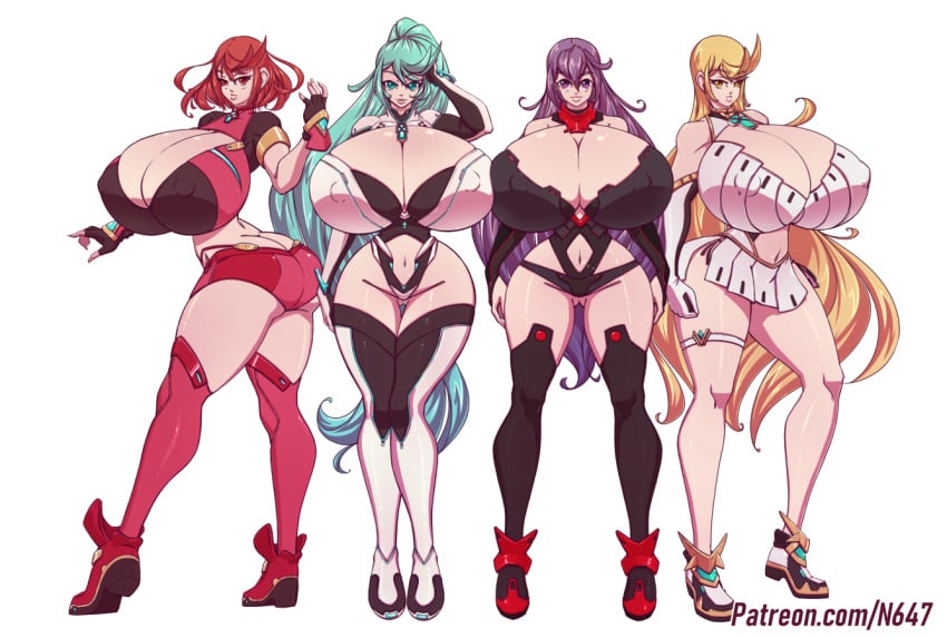 4girls alternate_ass_size alternate_body_type alternate_breast_size ass big_ass big_eyes bimbo blonde_hair blue_hair breasts breasts_bigger_than_head cleavage color hips hourglass_figure hyper hyper_breasts long_hair looking_at_viewer multiple_females multiple_girls mythra_(xenoblade) n647 nintendo nipples_visible_through_clothing pneuma_(xenoblade) poppi_(xenoblade) poppi_qtpi_(xenoblade) purple_hair pyra_(xenoblade) red_hair revealing_clothes slim_waist smile smiling teal_hair thick_thighs thighhighs thin_waist top_heavy very_long_hair voluptuous wasp_waist white_background wide_hips xenoblade_(series) xenoblade_chronicles_2