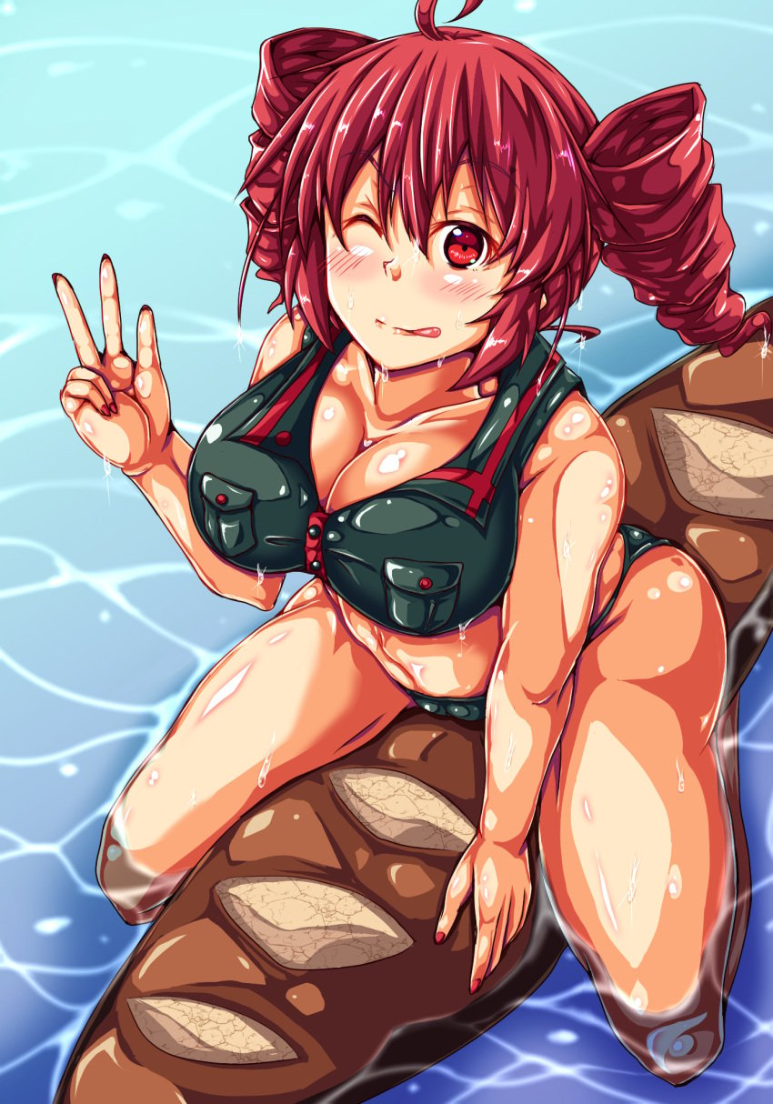 1female big_breasts drill_hair kasane_teto red_cheeks red_eyes red_hair sea thighs tonuge_out utau wet_body wink