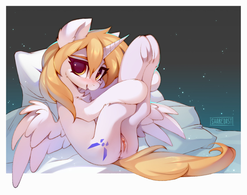 absurd_res alicorn bed blonde_mane blonde_tail blush cutie_mark equid feathered_wings feathers female feral fluffy_ears fur furniture furry genitals hasbro hi_res holding_leg horn lispp looking_at_viewer lying mammal mane my_little_pony on_back on_bed presenting presenting_pussy pussy sharedast simple_background solo star_nai white_body white_fur wings